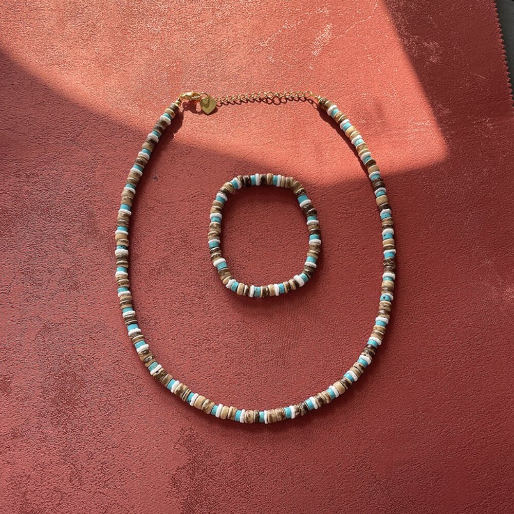 Bohemian Turquoise Coconut Shell Necklace & Bracelet Set- Unisex